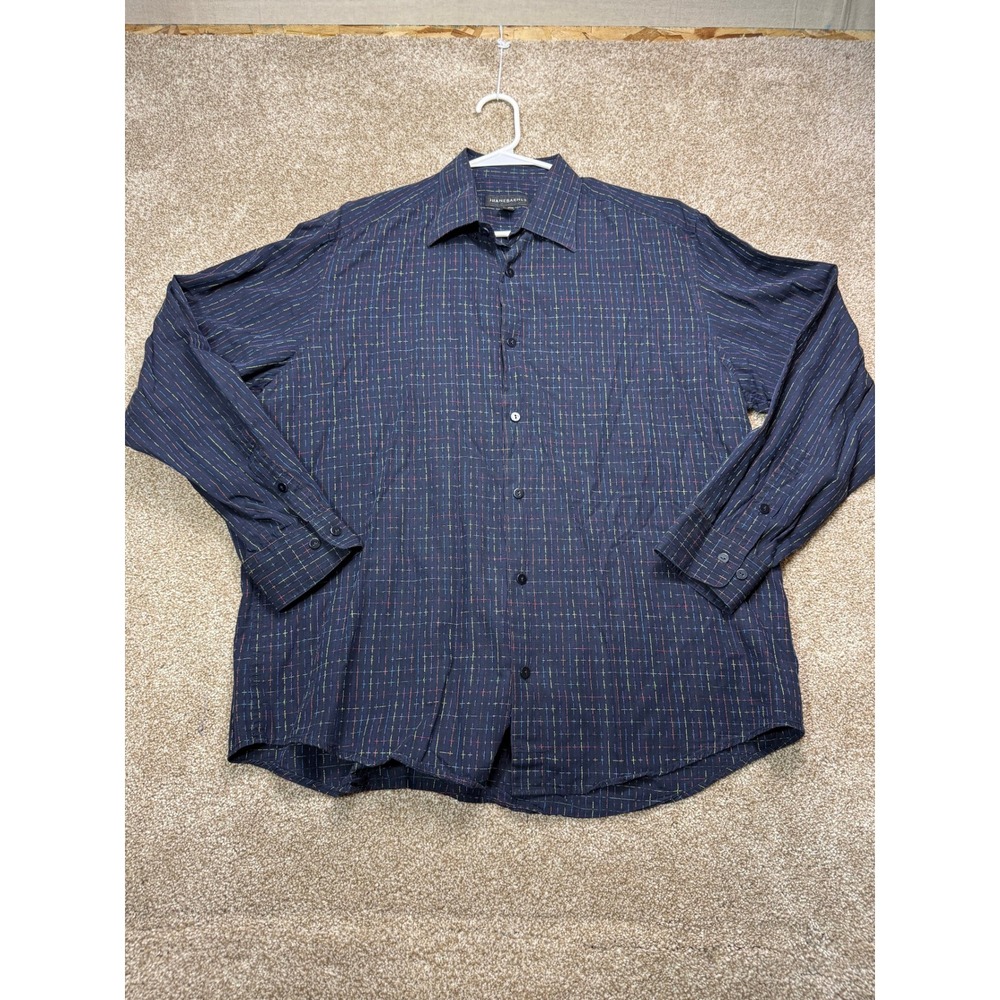 Jhane Barnes Mens Large Navy Rainbow Crosshatch Grid Cotton Rayon Button Shirt